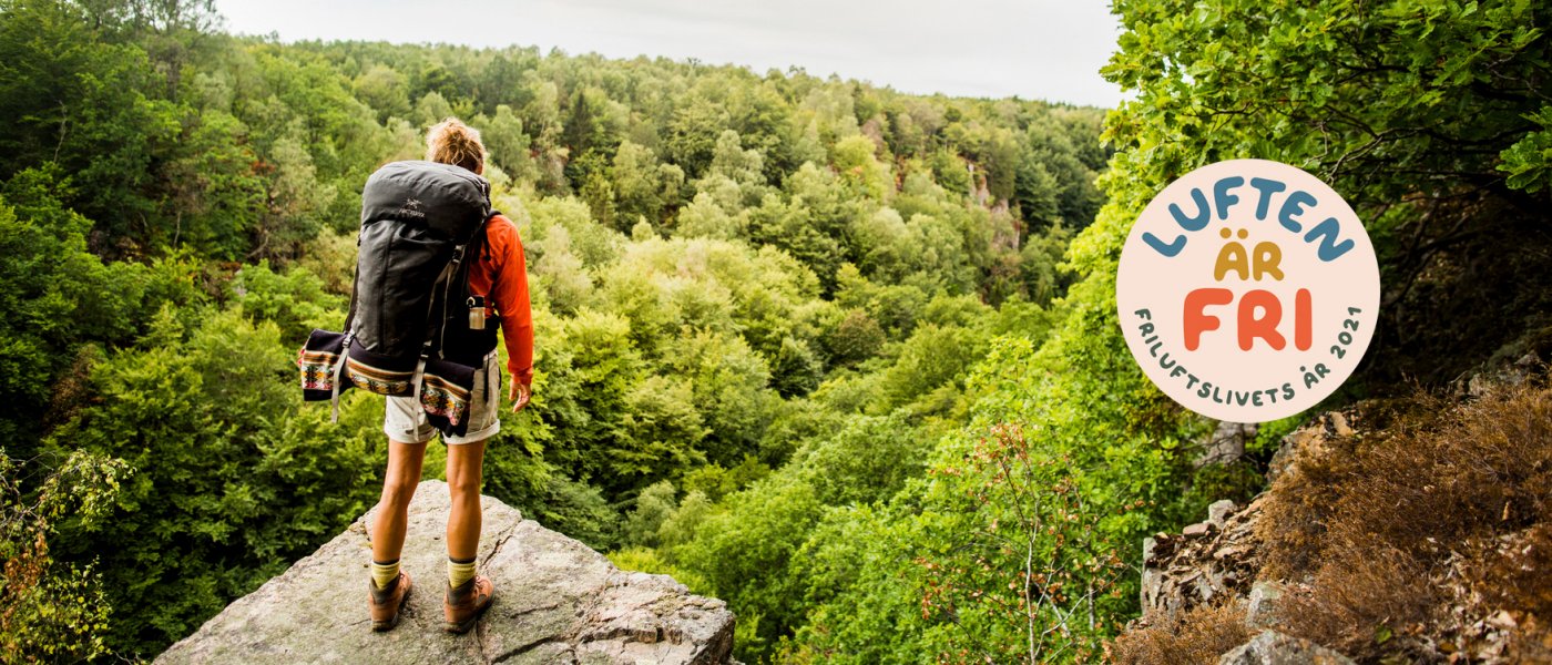 En ensam vandrare med ryggsäck står på en klippa och blickar ut i en dal. Luften är fri!