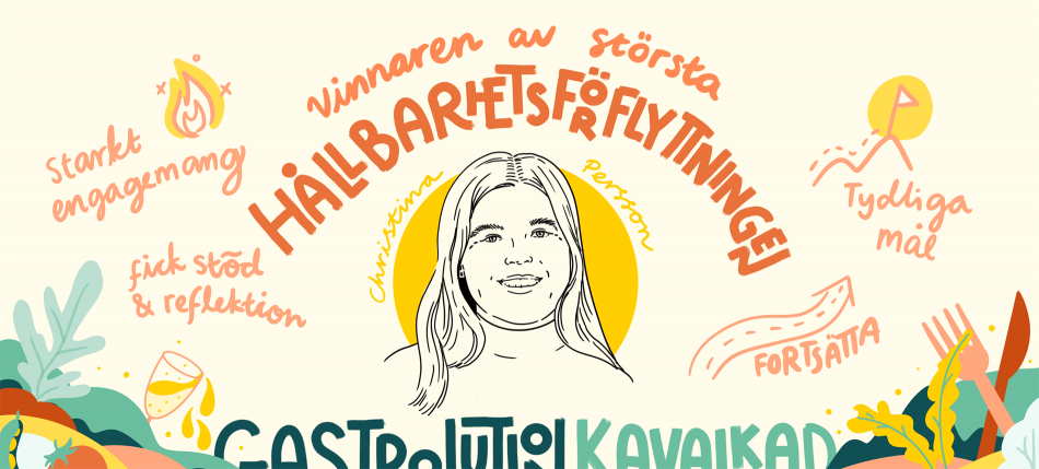 Vinnaren av största hållbarhetsförflyttningen i Gastrolution. Christina Persson. Illustration.